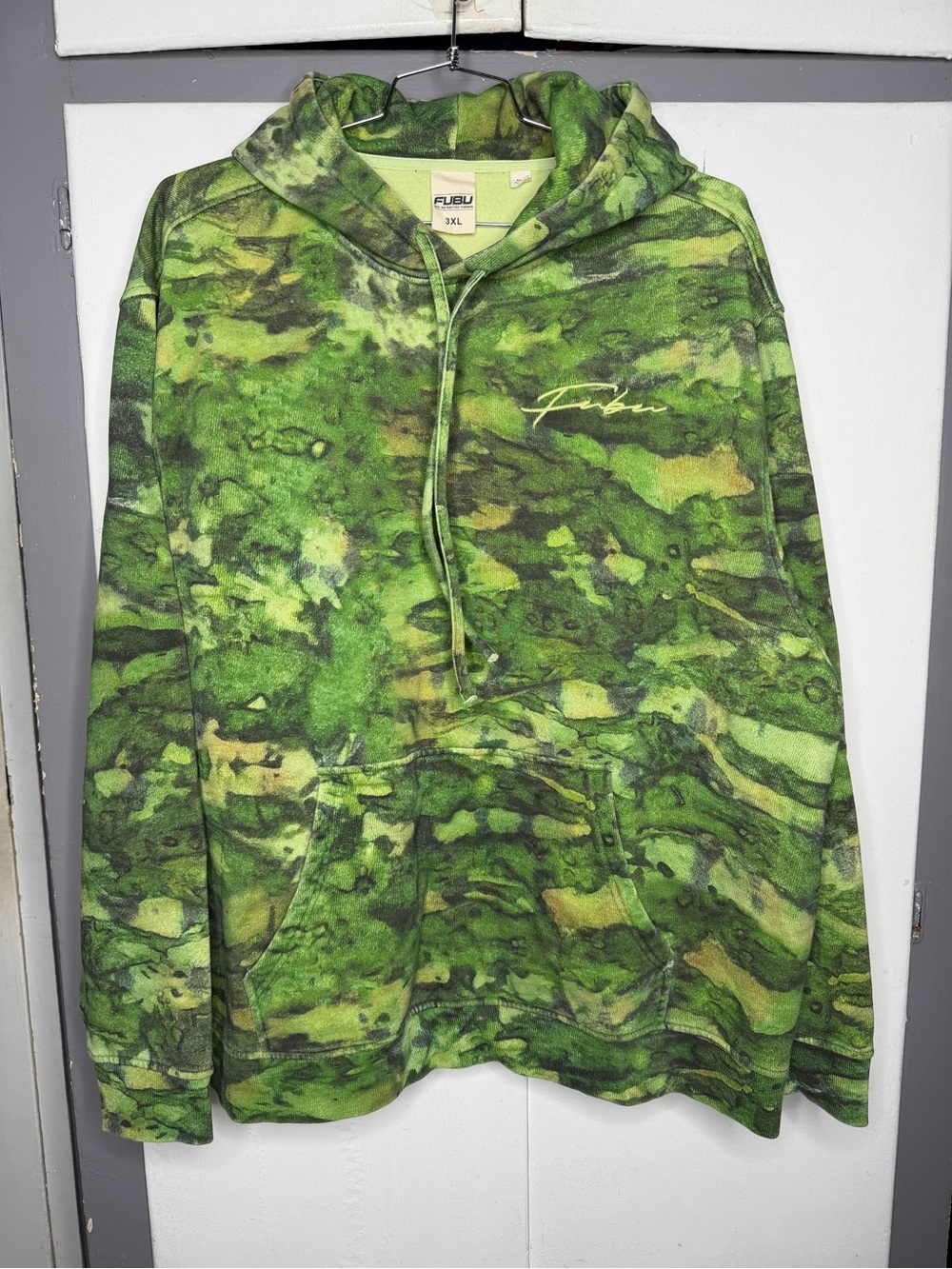 FUBU Men's Green Camouflage Pull Over Hoodie Size 3XL acid trippy hip hop street